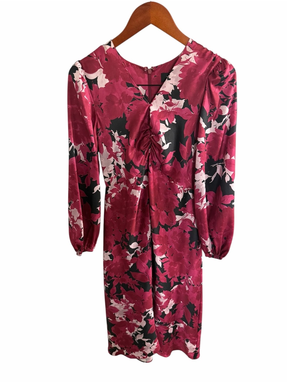 Banana Republic Magenta Floral Ruched Satiny V-Neck Long Sleeve Dress